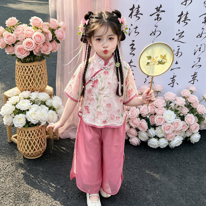DFMEI 女童新中式漢服套裝夏季兒童短袖古風唐裝兩件套小女孩表演服