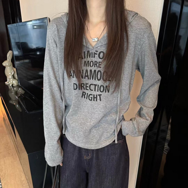 후드티셔츠 여성용 가벼운 소재 심플 프린트 긴팔 티셔츠