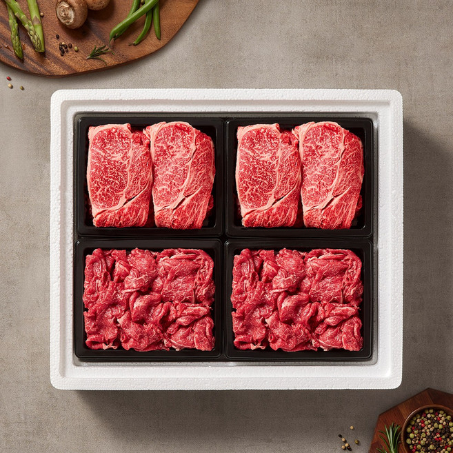 [국제식품]1+등급 한우 선물세트 혼합 3호 1.6kg(등심2팩+불고기2팩), 1세트