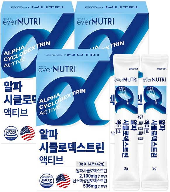에버뉴트리 미국산 고함량 알파CD 알파시클로덱스트린 액티브 고순도 99% 알파씨디 식약처 인증, 3개, 14회분