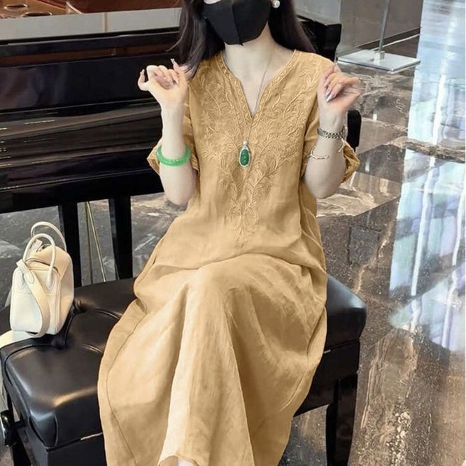 예쁜 플라워 자수 브이넥 5부 소매 면 마 린넨 원피스 중년여성 여름 시원한 미디 롱 스커츠 홈웨어