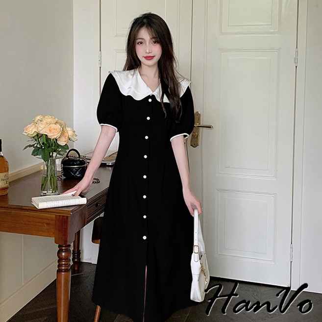 HanVo 氣質雙層娃娃領直排釦洋裝, 黑色