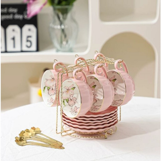 홈카페 플라워 본차이나 예쁜 찻잔세트 6인조세트 엔틱찻잔 커피잔, 핑크6인찻잔세트(정리대포함), 1개