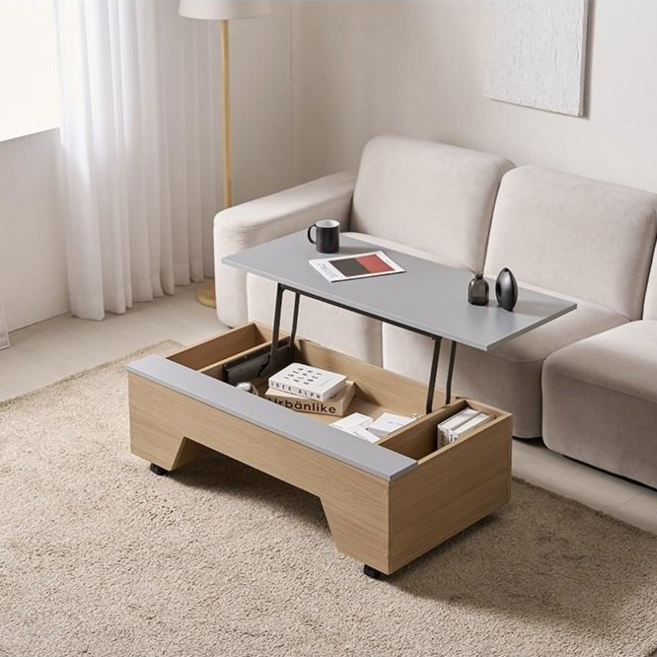 공장판매[국내제조생산 듀얼리프트기계] 빠른출고 이동쉬운 바퀴형 엔비 거실리프트업테이블, 오크그레이