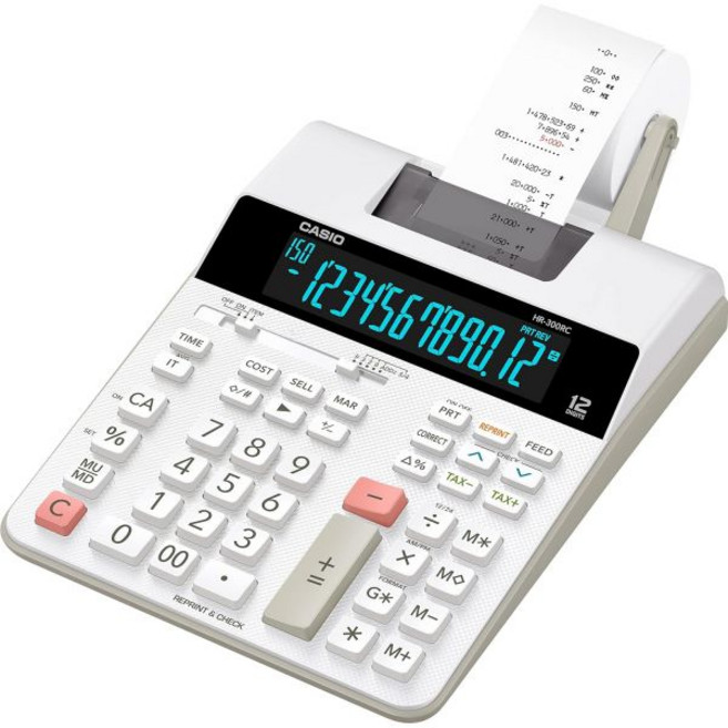 프린팅계산기 출력 프린터 상업용 재무 환전 백라이트 LCD 디스플레이가 장착된 Casio HR300RC 인쇄 계산기흰색 미니 데스크톱, Calculator