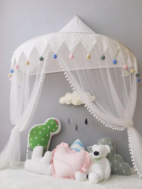 침대 캐노피 어린이 유아 여자아이 남자아이 방 인테리어 공주 커튼, 하얀 눈 큰 1.45m + 모기장