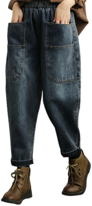 여성용 빅사이즈 밴딩 9부 청바지 빅 포켓 루즈핏 데일리 배기팬츠