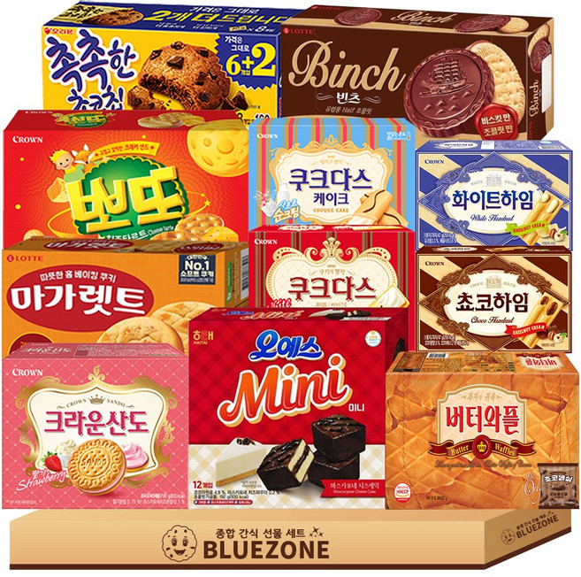 사무실 과자 세트 촉촉한초코칩1 크라운산도딸기1 버터와플1 뽀또치즈1 오예스미니1 화이트하임1 초코하임1 빈츠1 마가렛트1 쿠크다스케이크1 쿠크다스화이트1 몽실1, 1개