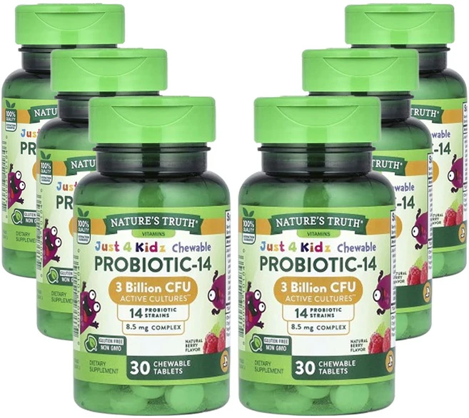 네춰스 트르스 Just 4 Kidz 츄어블 프로바이오틱-14 천연 베리 30억 CFU 30츄어블 정제, 30정, 6팩 - 쿠팡