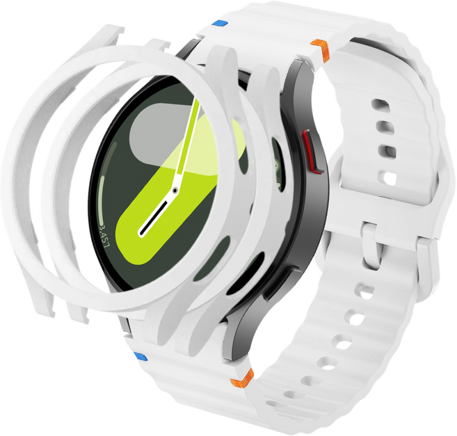 데일리피 갤럭시워치 호환 실리콘 컬러풀한 스티치 스트랩 8/7/6/6클래식/5/5프로/4/4클래식+PC 케이스 2개, 화이트/화이트