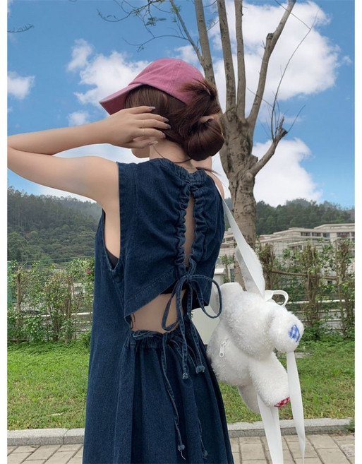 設計感鏤空露背收腰顯瘦中長款A字裙 牛仔連身裙 無袖洋裝, 圖片色,XL 建議121-130斤