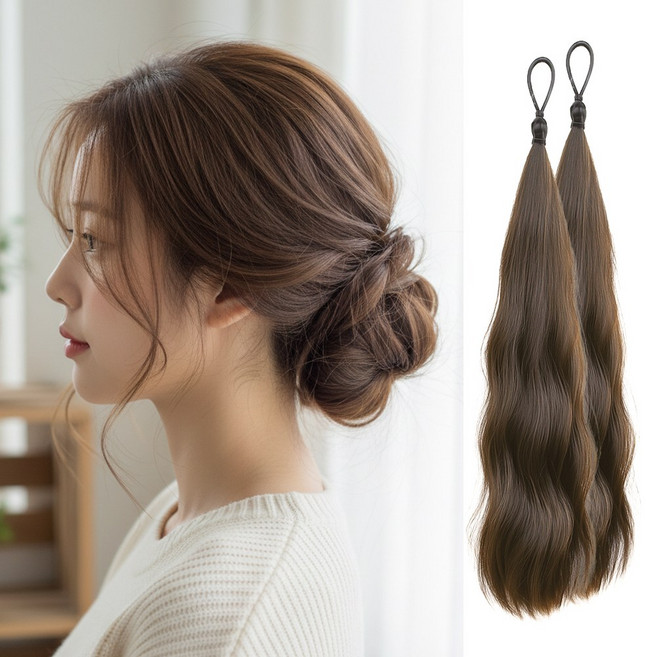 MSMULTIVERSE 1+1 요즘유행 아이돌 풍성한 포니테일 웨이브 묶음형 머리끈 부분 가발, 2개, 라이트브라운
