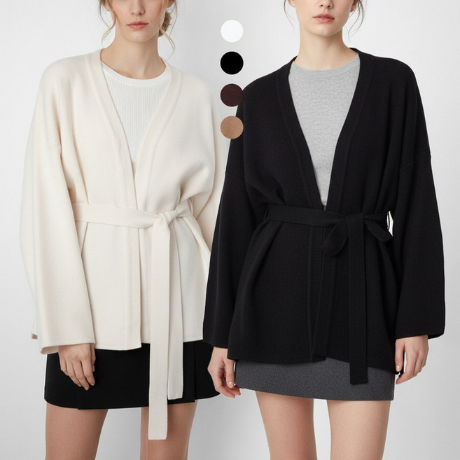 니트코어 여성 사계절 봄가을 고퀄리티 모던 오픈 루즈 브이넥 벨트 긴팔 니트 가디건 스웨터 코트 자켓 아우터 하객룩 출근룩