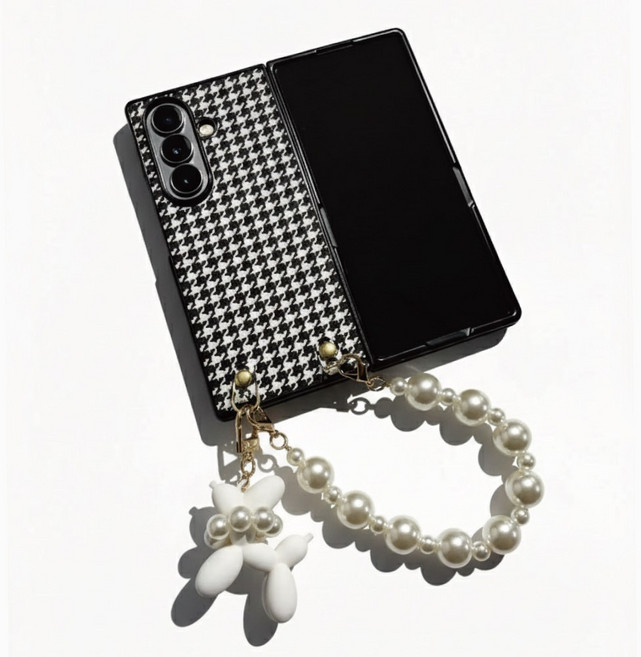 HAILO 진주 스트랩 강아지 키링 가죽 체크 패턴 케이스