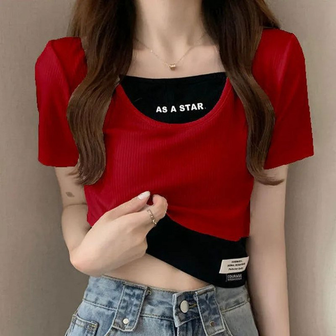 Skyciky 여름 여성 페이크 레이어드 반팔 크롭티 하이웨이스트 배꼽티 트렌디 스타일 WX51