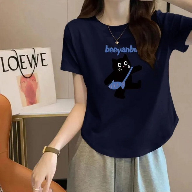 꽃소담 여자 캐릭터 슬림핏 반팔티셔츠 라운드넥 귀여운 고양이 여름 면티 XP1145