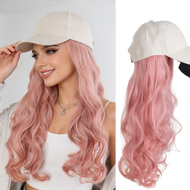 그라데이션 핑크 퍼플 웨이브 가발 모자 원피스 스타일 데일리 감성 패션 아이템, 1개, 분홍빛의