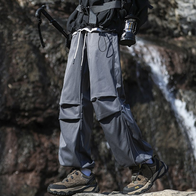 SMOPIG 남성 아웃도어 트레이닝 바지 밑단 스트링 조절 와이드 와이드 팬츠 방수 원단 남자조거팬츠