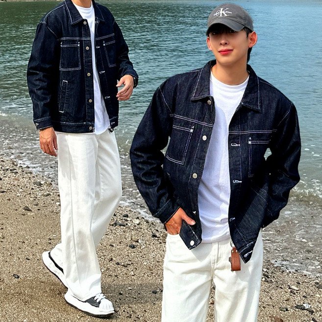 [2컬러]리아 남자 논페이드 데님 생지 청 블랙 자켓