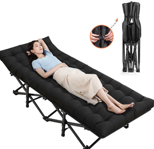 프리미엄 무설치 접이식 사무실 허리 보호 낮잠의자 고강도 접이식 야전침대+전용가방 접이식의자 리클라이너 휴대용 접이식 침대 소음 없고 헤드 조절 가능, 블랙