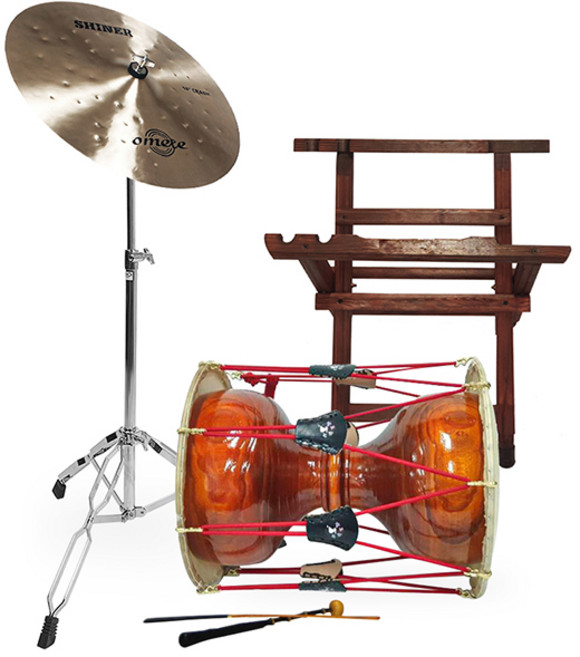 HM 고급 황색 브러쉬 장구 1자7치 오메테 Shiner 장구심벌 세트 가방 받침대 열채 궁채 스틱 포함, 1개