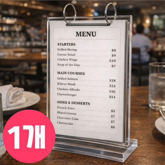 마벨인홈 링바인더 카페 메뉴판 아크릴 스탠드 안내판, 1개, 투명