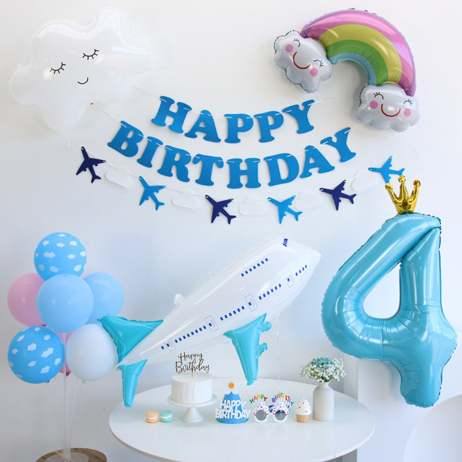 이벤트홀릭 비행기 풍선 생일파티용품세트, 1개, 숫자풍선 4