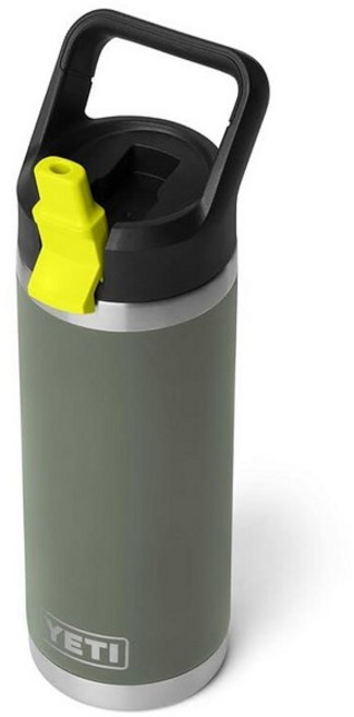 YETI Rambler 532ml 18온스 병 진공 단열 스테인리스 스틸 색상 매칭 빨대 캡 로우 컨트리 피치 282189, 캠프 그린/파이어플라이 옐로우