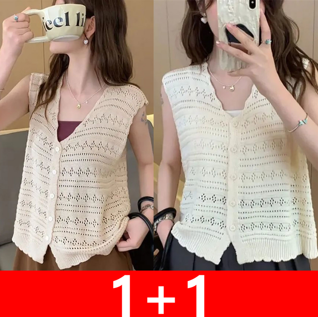 IWMAFT 2종 세트 여성 여름 니트 베스트 가디건 루즈핏 민소매 펀칭 디자인 캐주얼 아우터 조끼 CG911