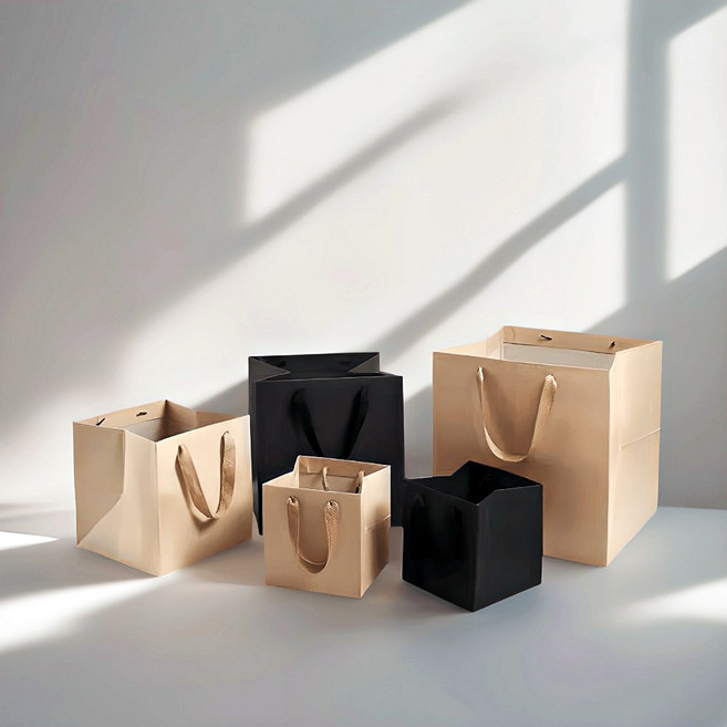 노리스 무지 정사각 쇼핑백 답례품 케이크 화분 포장 종이 가방, 블랙