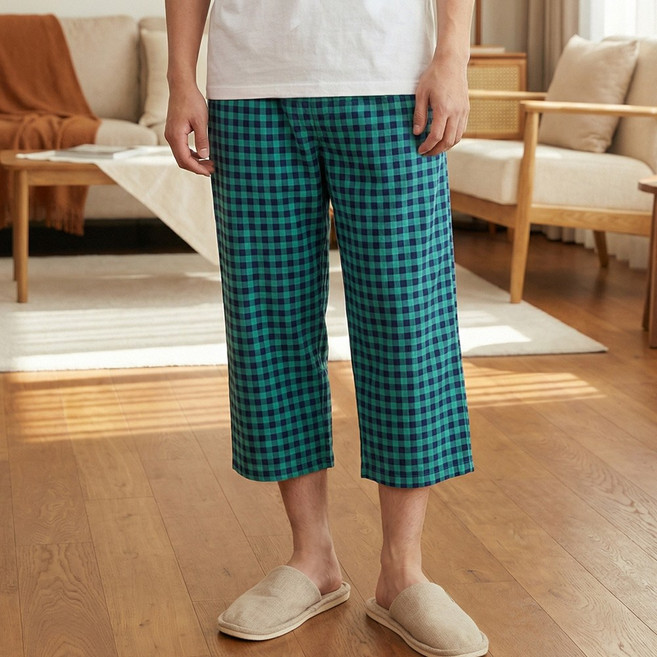 7부 기장 고슬고슬한 촉감 남성 여성 깅엄 체크 주머니 파자마 잠옷 바지 P-1017