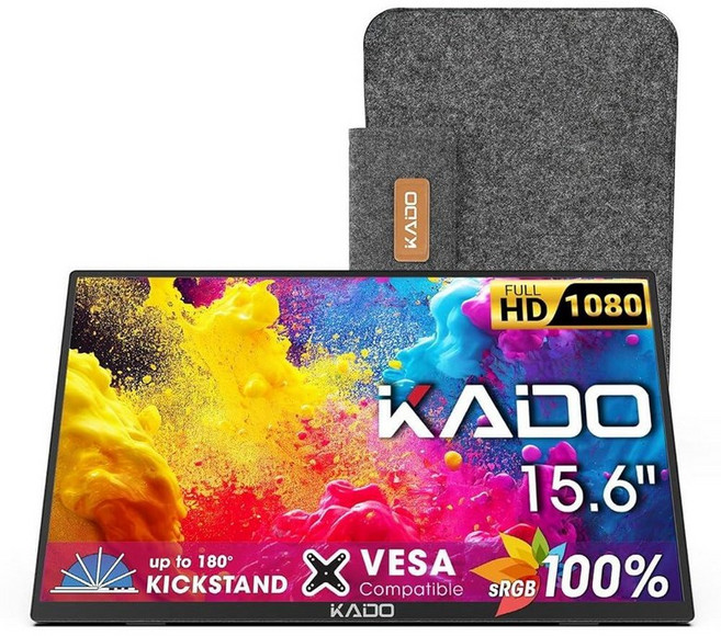Kado 노트북용 15.6인치 FHD 휴대용 모니터 1080p 세컨드 디스플레이 IPS 1920x1080 45W 역충전 HDMI USB-C 노트북 스크린 익스텐더 PC, 100% sRGB
