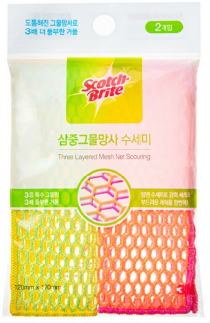 [3M]거품이 잘나는 삼중양면 그물망사 수세미, 2개입, 3개