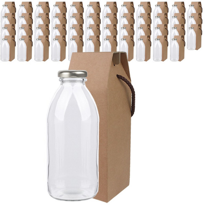 가인글로벌 밀크티500 유리병 + 실버캡 + 포장박스 우유병 음료병 유리용기, 48세트, 500ml