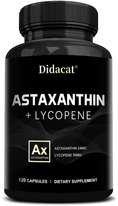 아스타잔틴 24 mg + 리코펜 50 mg 강력한 카로틴 보충제 항산화 보충제 - 피부 건강 및 색소 침착을 위한 최고의 아스타잔틴 보충제 - 비 GMO 인증 및 글루텐 프리, 120정, 1개