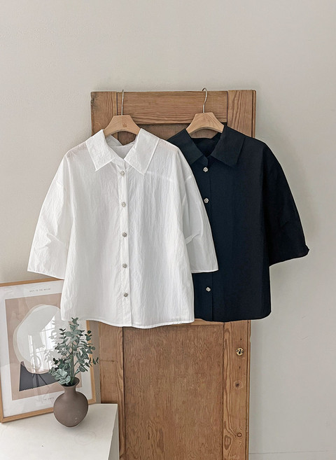 카라 셔츠 여름 블라우스 무지 7부 소매 여성 바스락 레이어드 루즈핏 출근