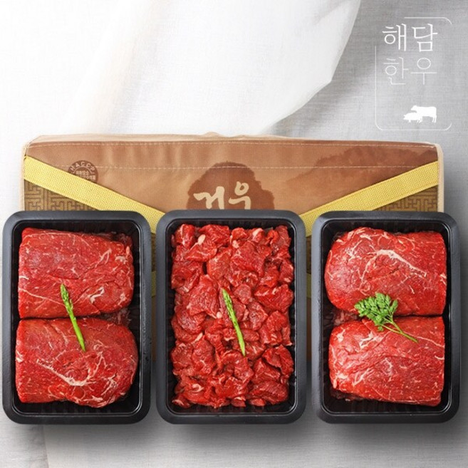 [해담한우] 1등급 한우 감사정육세트 3호 1.5kg (불고기2팩+국거리/각 500g), 1개