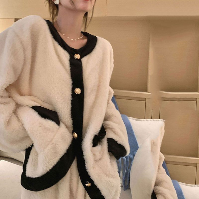 珊瑚絨睡衣冬天 韓版刷毛加厚法蘭絨居家服 圓領雙口袋保暖家居服 睡衣套裝