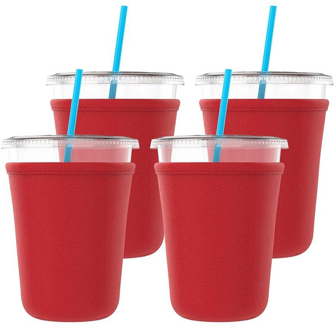 TahoeBay Iced Coffee Cold Cup Sleeve (4-Pack) Reusable Blank Neoprene Insulator Drink Sleeves 16oz, Red