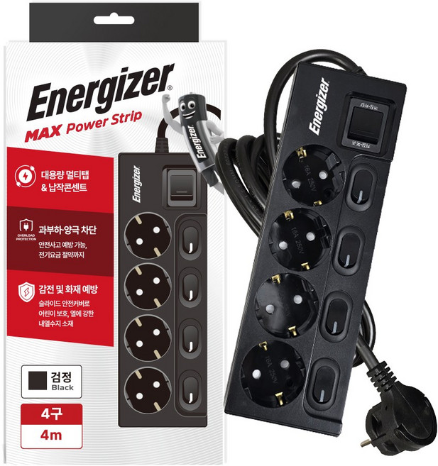에너자이저 납작플러그 과부하차단 고용량 개별스위치 멀티탭 4구 16A, 블랙, 1개, 4m