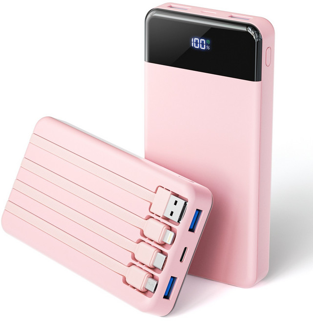 UOOFON 일체형 보조배터리 고속충전 30000mAh 대용량 PD 22.5W QC3.0 잔량표시+ 4개 케이블 멀티단자, 핑크, N6