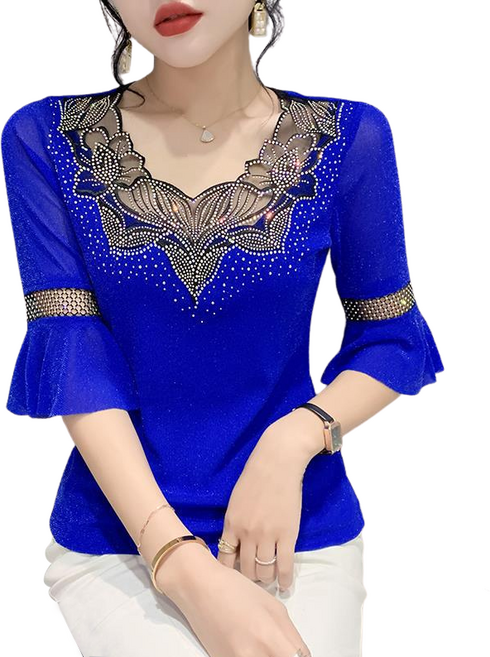 댄스복 상의 브이넥 수술 핫픽스 5부 반팔