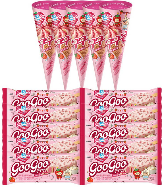 스친소 딸기시리즈 2종 구구콘 x5개+구구바 x10개 아이스크림, 1세트, 1.55L