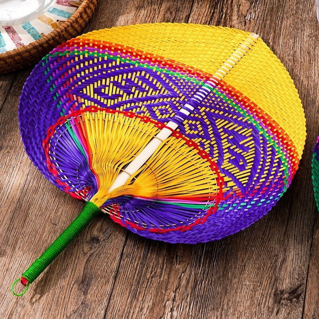 越南竹編扇子草編扇納涼蒲扇創意葵扇骨架扇手搖扇竹工藝濟公扇, 1個, 紫黃炫彩(CHINA):1個