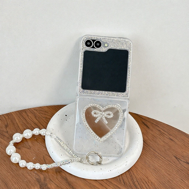 클로버즈 Z플립 트윙클 하트 리본 미러 스트랩 케이스