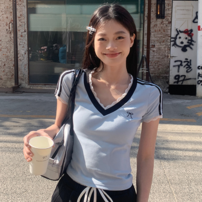 COSYEVNO 여성 슬림핏 반팔 티셔츠 브이넥 레이스 캐주얼 Tzkzjdx-10