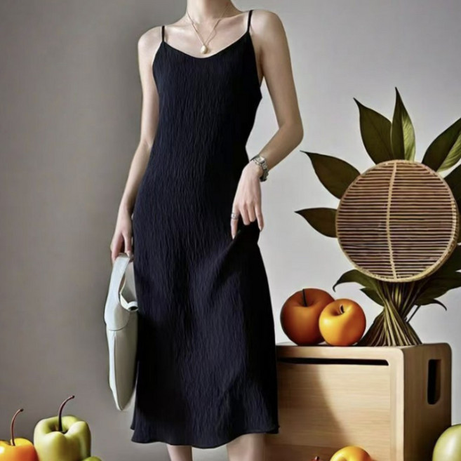 원샤인 여성 플리츠 끈나시 민소매 주름 롱 원피스