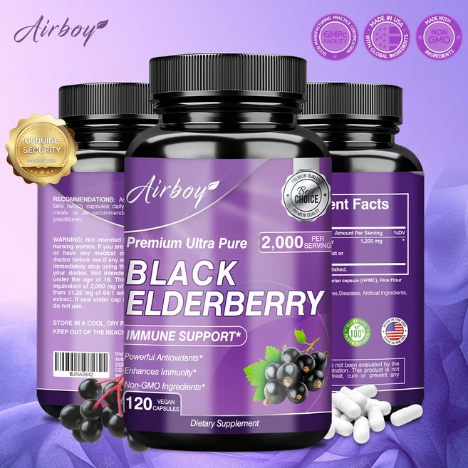 고농축 블랙 엘더베리 함유 면역력 강화 및 항산화 효과 비건 캡슐로 깨끗한 성분 감기 예방과 피로 회복에 도움 64:1 고농축 추출물, 3개, 60정 - 쿠팡