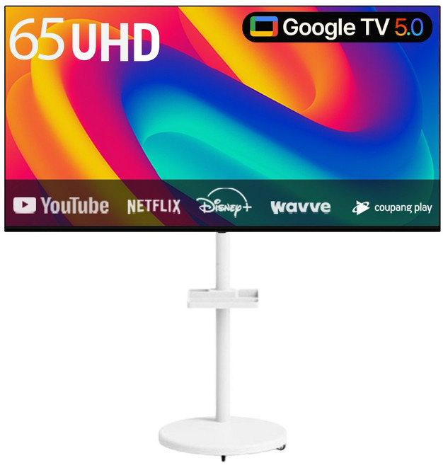프리토스 4K UHD 구글 스마트TV + 이동식 스탠드 삼탠바이미 무빙스탠드 세트, 고객직접설치, 스탠드형, 무빙스탠드세트(블랙&화이트), 165cm(65인치)