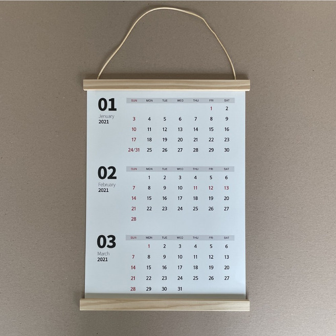 주문한 달부터 출고되는 하이블 A3사이즈 심플 3단 분기 달력, 달력+우드행잉